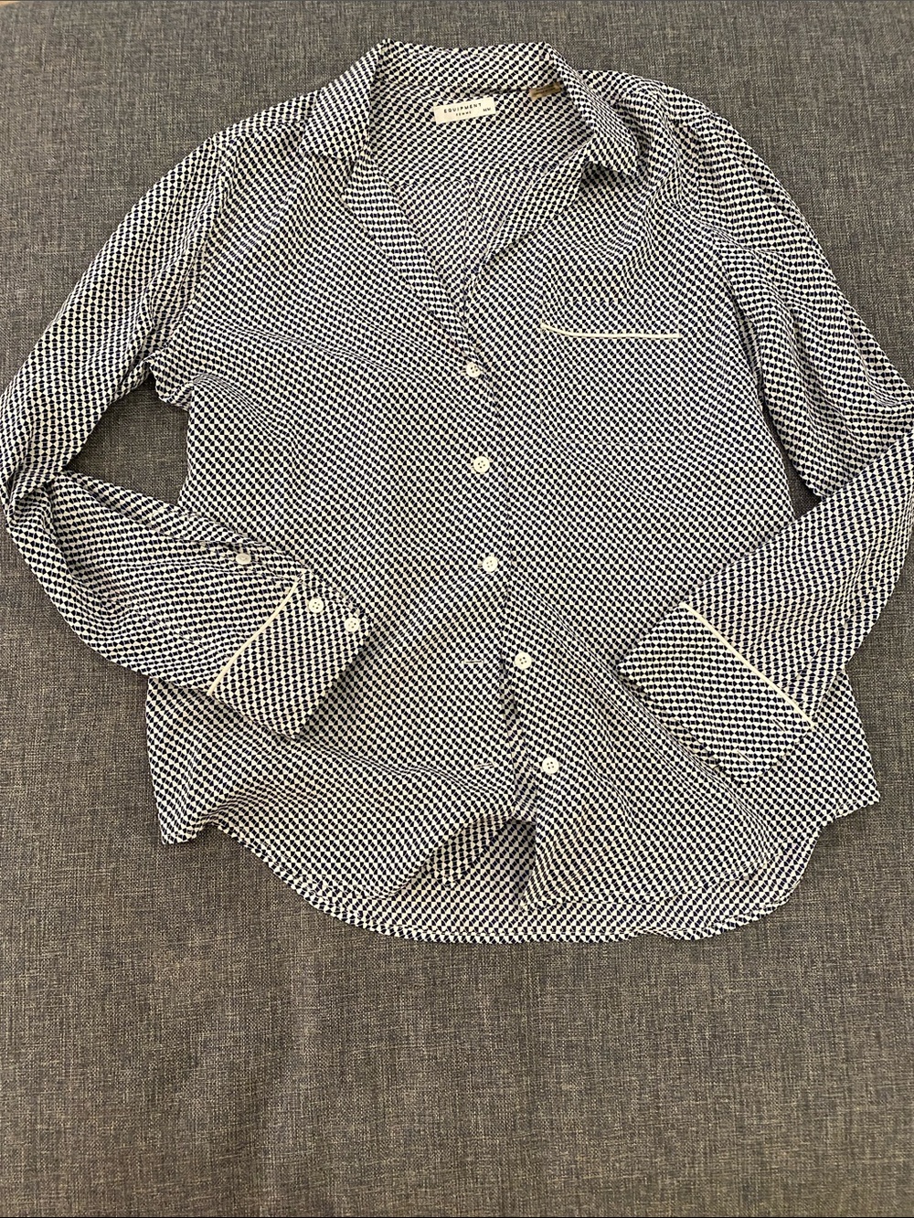 Equipment Navy and White Printed Silk Button-Up Blouse